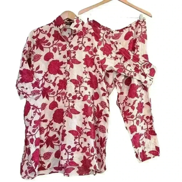 🌈 6/$60 Limelight Tunic Pants Set Cream Magenta Pink Pockets Button Down Large - Picture 1 of 13